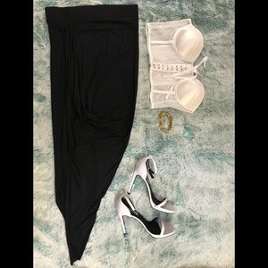 Black asymmetrical skirt.